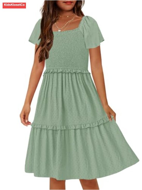 Other - Girls Boho Swiss Dot Smocked Ruffle Tiered Midi Dress with Pockets